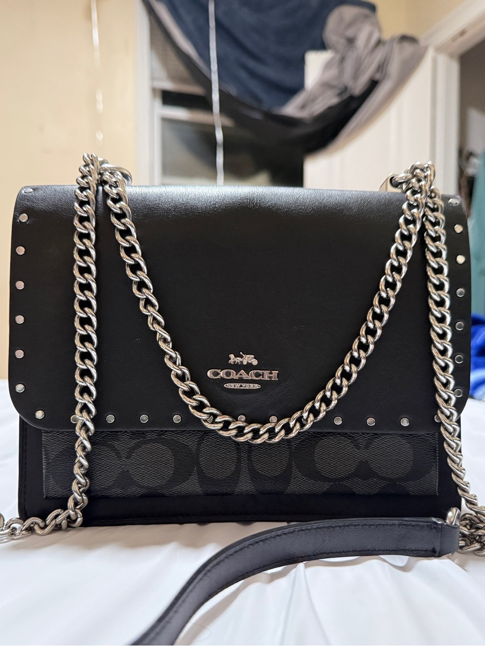 Coach Klare Black Signature Canvas and Leather Chain Shoulder Bag